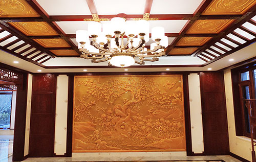 海拉尔中式别墅客厅中式木作横梁吊顶装饰展示